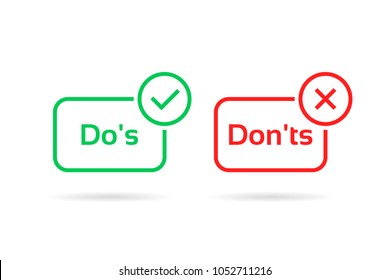 do's and don'ts red and green badge. simple flat linear trend modern info logotype graphic design isolated on white background. concept of rules of conduct for people like fail or incorrect decision
