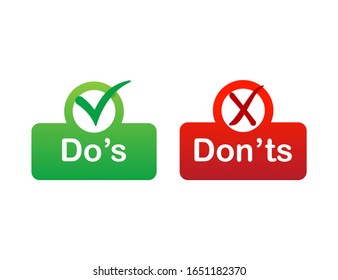 Dos and donts red and green badge. Simple flat modern info logotype graphic design isolated on white background. Concept of rules of conduct for people like fail or incorrect decision.