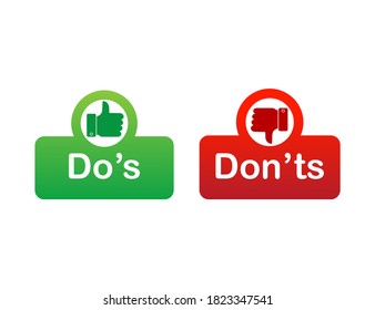 Do's and don'ts red and green badge. Simple flat modern info logotype graphic design isolated on white background. Concept of rules of conduct for people like fail or incorrect decision.