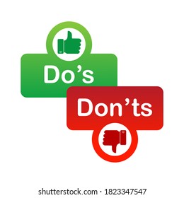 Do's and don'ts red and green badge. Simple flat modern info logotype graphic design isolated on white background. Concept of rules of conduct for people like fail or incorrect decision.