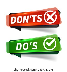 Do's and Don'ts. Red and green button on white. Concept of Do's and Don'ts, sign or fail the checklist
