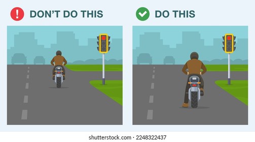 Do's and don'ts. Safe motorcycle riding rules and tips. Back view of a biker waiting on a red light. Reckless motorcyclist jumped a red traffic signal. Flat vector illustration template.