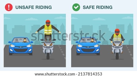 Do's and dont's. Safe and unsafe motorcycle riding on road. Safety driving rules and tips. Man in a red helmet standing on a motorcycle while riding. Flat vector illustration template. 