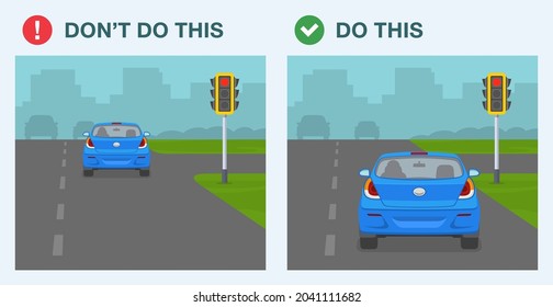 Do's and don'ts. Safety and dangerous driving. Car driver jumped a red signal. Driver waiting on a red light on city crossroad. Back view. Flat vector illustration template.