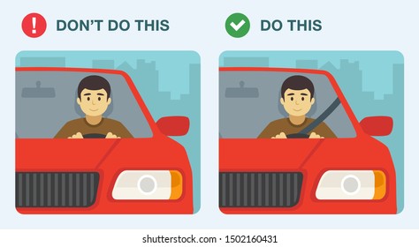 Do's and dont's. Safety driving rules and tips. Wear seatbelts while driving. Flat vector illustration template.