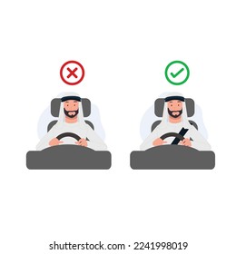 Do's and dont's. Safety driving rules concept, Wear seatbelts while driving. Arab man is driving a car. Flat vector cartoon illustration