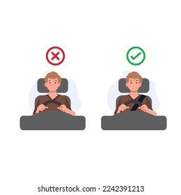 Do's and dont's. Safety driving rules concept, Wear seatbelts while driving. man is driving a car. Flat vector cartoon illustration