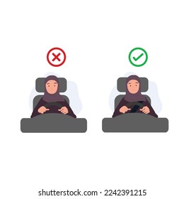 No lo hagas y no lo hagas. Concepto de normas de conducción de seguridad, utilice cinturones de seguridad mientras conduce. Una mujer árabe musulmana está conduciendo un auto. Ilustración de dibujos animados de vector plano