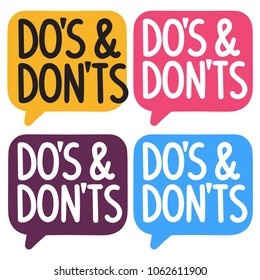 Do's and don'ts. Set of vector hand drawn speech bubbles, illustration on white background.
