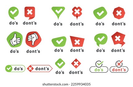 Do's and don'ts sign badge advise checkbox choice button set vector flat illustration. Do dont choosing symbol positive negative reminder green red mark design. Wrong and confirm quick tips good false