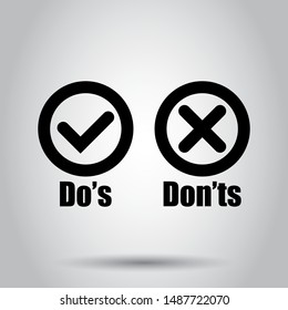 Do's and don'ts sign icon in flat style. Like, unlike vector illustration on isolated background. Yes, no business concept.