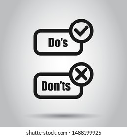 Do's and don'ts sign icon in flat style. Like, unlike vector illustration on isolated background. Yes, no business concept.