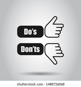 Do's and don'ts sign icon in flat style. Like, unlike vector illustration on isolated background. Yes, no business concept.