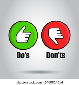 Do's and don'ts sign icon in flat style. Like, unlike vector illustration on isolated background. Yes, no business concept.