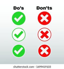 Do's and Don'ts sign icon in flat style. Correct and Incorrect symbols on red and green icons.