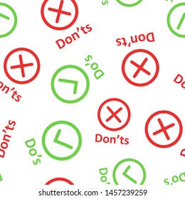 Do's and don'ts sign icon seamless pattern background. Like, unlike vector illustration on white isolated background. Yes, no business concept.