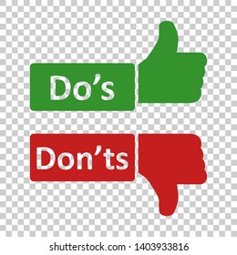 Do's and don'ts sign icon in transparent style. Like, unlike vector illustration on isolated background. Yes, no business concept.