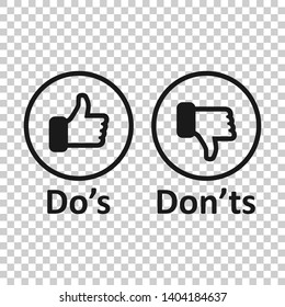 Do's and don'ts sign icon in transparent style. Like, unlike vector illustration on isolated background. Yes, no business concept.