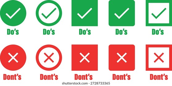 Do's and Dont's sign set. Check mark and cross. Like and dislike symbols. Positive and negative signs. Vector illustration.