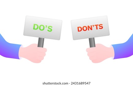 Do's and don'ts signs icons. Signs in hands. Flat style. Vector icons