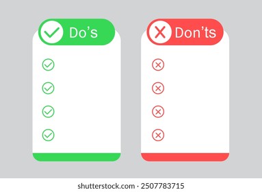 Do's and Don'ts template frame. Pros and cons Checklist.
Do and dont icon. vector illustration