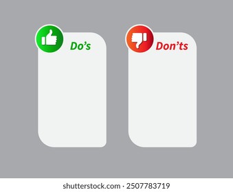 Do's and Don'ts template frame. Pros and cons Checklist. Like, dislike icon. thumbs up icon. vector illustration