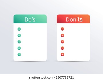Marco de Plantilla de lo que se debe y no se debe hacer. Pros y contras Lista de verificación. Icono de hacer y no. Ilustración vectorial