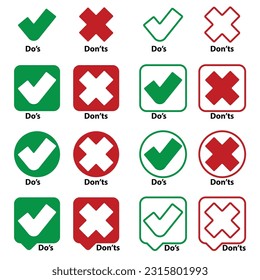 Do's and Don'ts with Tick and Cross, flat vector, isolated illustration, Do and dont icon design, icon of wrong and right, do and don symbol, Sign of good or bad, yes or no.