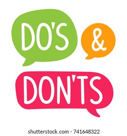 Do's and Don'ts. Vector hand drawn speech bubbles, label, badge, sticker illustration on white background.