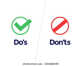 Do's and Don'ts Vector. Tick (Check mark) and not allowed and label, badge, icons isolated on white.