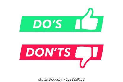 Do's icon. Don'ts symbol. Yes and no banner signs. True, false symbols. Positive, negative icons. Red, green color. Vector isolated sign.