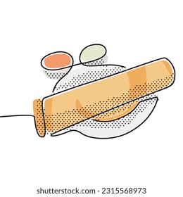 Un dosa, también llamado dosai, es un delgado panqueque de cocina del sur de la India con sambar y chutney. Ilustración de líneas y puntos.