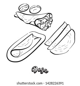 Dosa food sketch on chalkboard. Vector drawing of Pancake, usually known in India. Food illustration series.