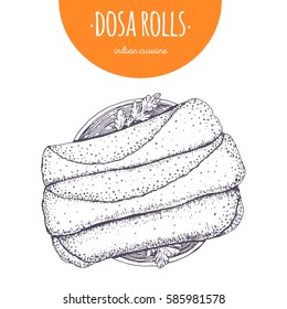 Dosa Rolls Top View Vector Illustration. Indian Cuisine. Linear Graphic.