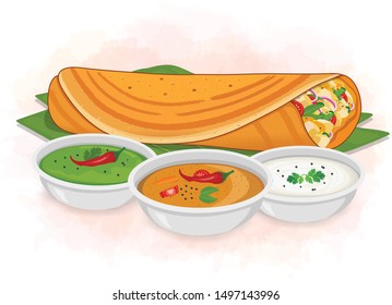 Dosa With Sambhar And With Chutney Combo- Vector Illustartion