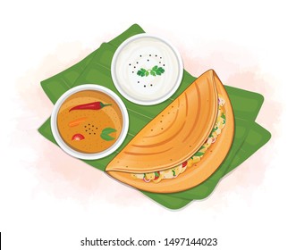 ilustración vectorial dosa con chutney de coco y sambhar en hojas de plátano desde ángulo superior