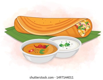 Dosa- vector illustration with sambar and chutney