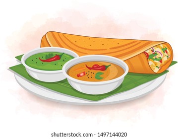 Ilustración vectorial dosa con sambar y chutney