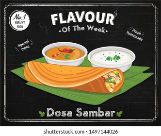 Dosa- vector illustration with sambar and coconut chutney