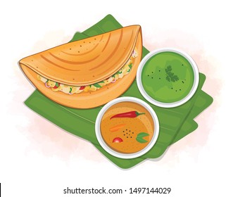 Dosa- vector illustration with sambar and Green chutney from the top view