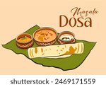 Dosa vector illustration with sambhar and green chutney