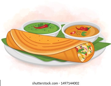 Dosa Vector Illustration With Sambhar And Green Chutney