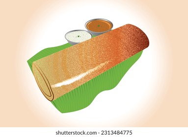 Dosa vector illustration with sambhar and green chutney.