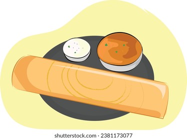 Ilustración vectorial de dosa con sambhar y chutney verde