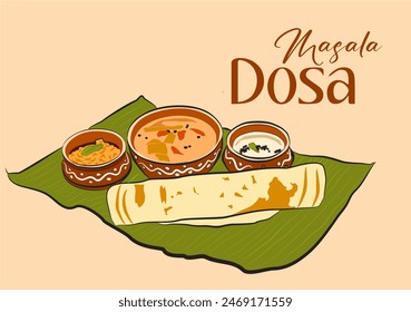 Ilustración vectorial de Dosa con sambhar y chutney verde