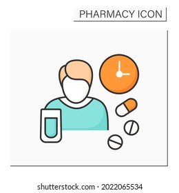 Dosage Color Icon.Size Or Frequency Of Dose Of Medicine Or Drug. People Take Pills In Special Time Period.Pharmacy Concept. Isolated Vector Illustration