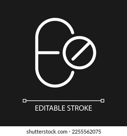 Forma de dosificación píxel blanco perfecto icono de ui lineal para el tema oscuro. Comprimidos. Reparación farmacéutica. Pictograma de la línea del vector. Símbolo de interfaz de usuario aislado para el modo nocturno. Trazo editable. Tipo de letra arial utilizado