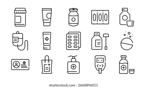 Dosage forms linear icon set. Tablet, capsule, syrup, injection, ointment, drop, powder, inhaler, cream, gel, patch, vial, bottle, blister pack, drug delivery vector icon set. UI thin line pack