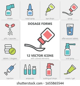 Dosage forms. Set of quality vector icons with editable line thickness and colored elements