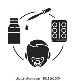 Dosage medicines for children black glyph icon. Pediatric health care sign. Childcare concept. Pictogram for web page, mobile app, promo.